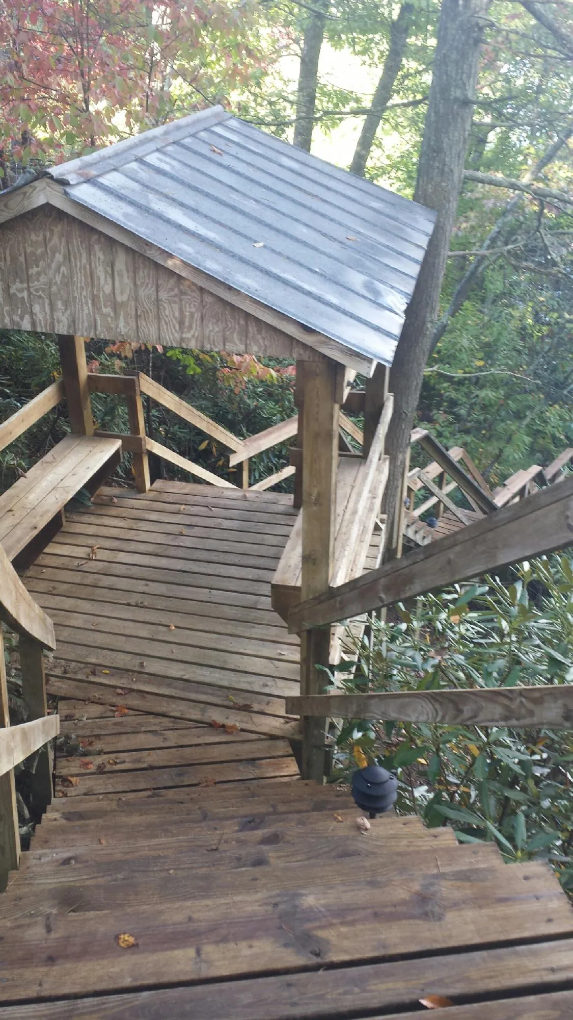 Metal roofed shelter over wooden steps on a wooded walkway — Skylight Repair & Installation work by our crew in Barclay